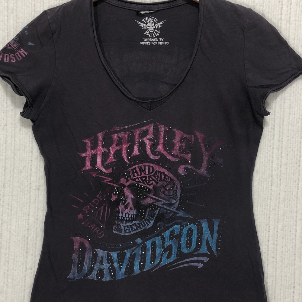 Harley-Davidson Michigan City Rhinestone Skull V-Neck Tee Washed Black Small
